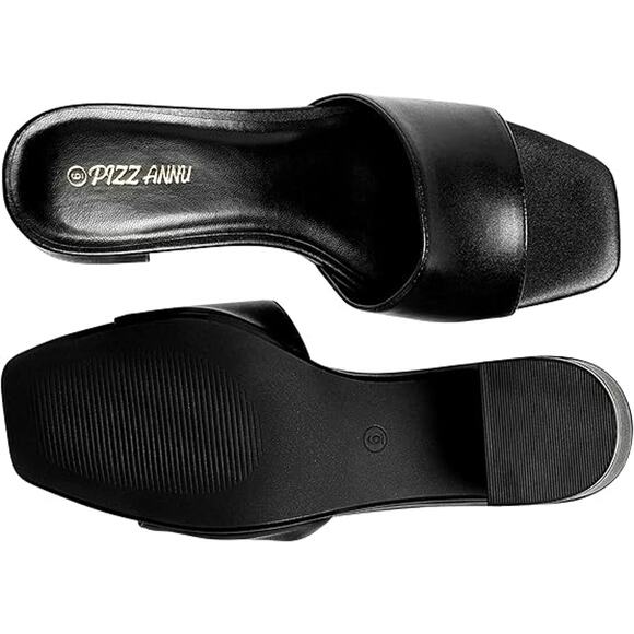 New Pizz Annu Womens 7 Black Faux Leather Open Toe 2.5" Block Heel Shoes w Flaw - Picture 3 of 6